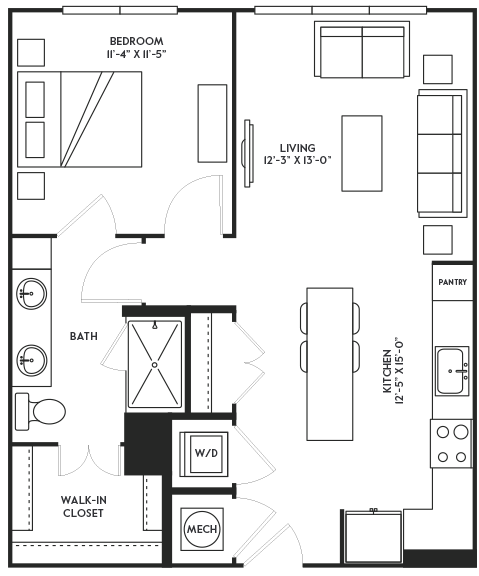 Floor plan for 1 bed, 1 bath, 741 sqft